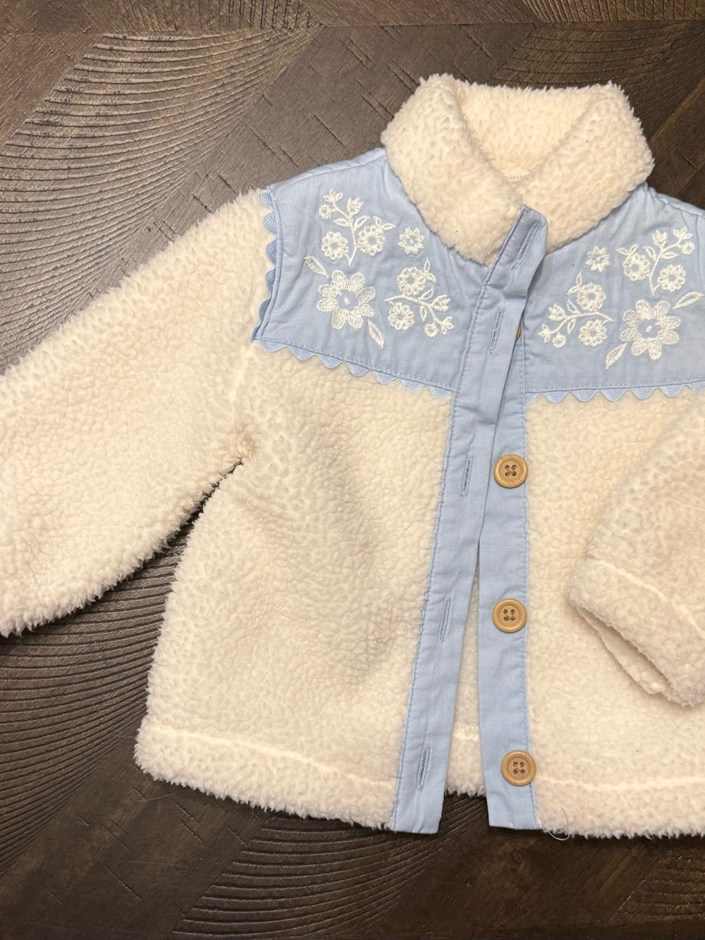 Old Navy Cream Sherpa Jacket with Pale Blue Embroidered Yoke
